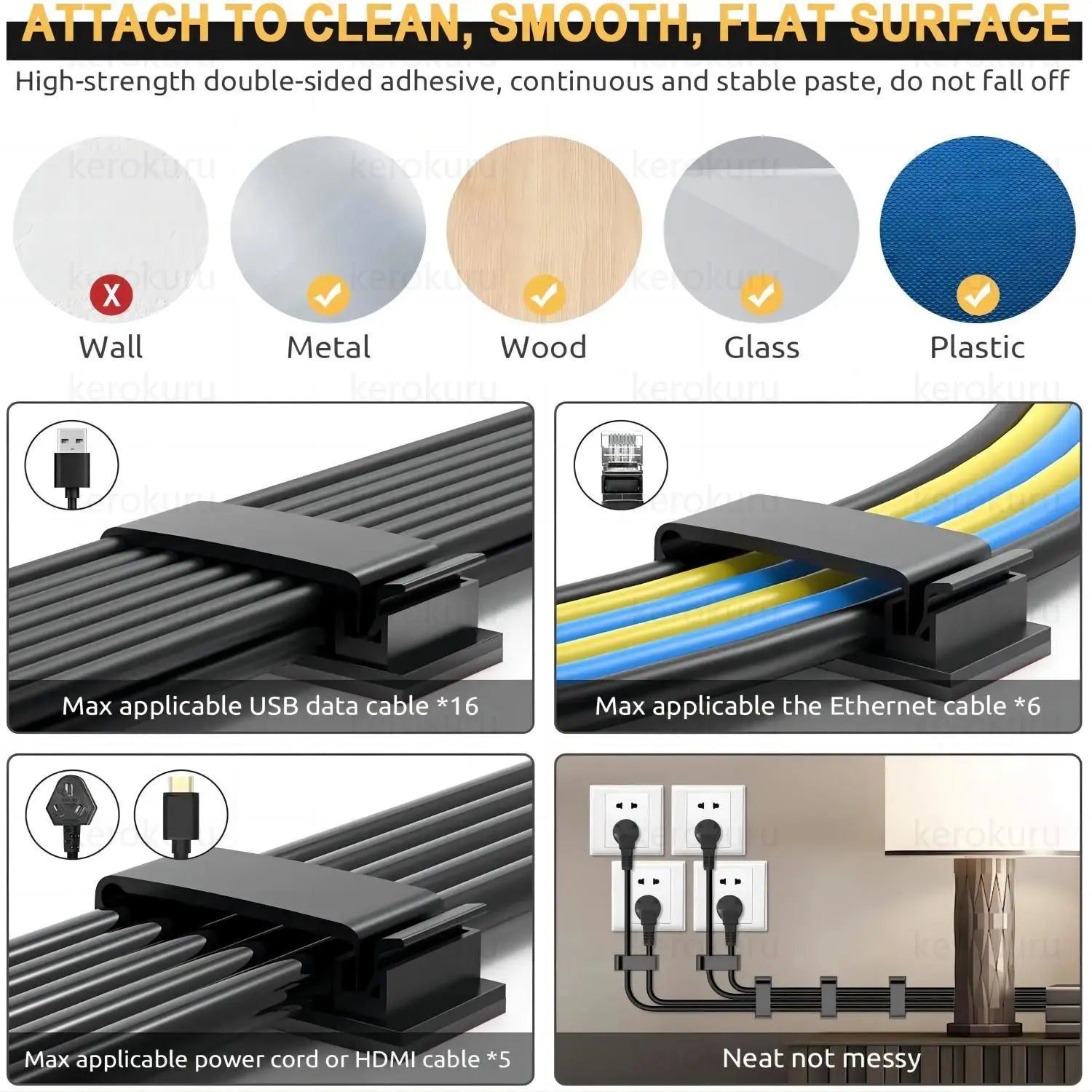 Self Adhesive Cable Management Clips Cable Organizers Wire Clips Cord Holder for TV PC Ethernet Cable under Desk Home Office